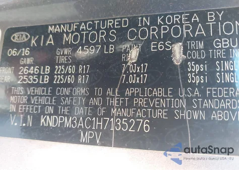 2017 Kia Sportage Lx z USA, uszkodzony, nr VIN KNDPM3AC1H7135276